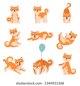 Shiba Inu Dogs Performing Everyday Activities Set, Adorable Japan Pets Animals Cartoon Characters Vector Illustration