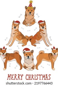 Shiba Inu dogs wearing winter hats. Cute funny dogs. Character design. Abstract Christmas tree. Vector illustration. Merry Christmas greeting card with cute funny dogs. Red Shiba character.