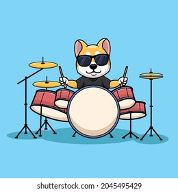 Shiba Inu Drummer Dog Music Cartoon Character Illustration Creative Logo