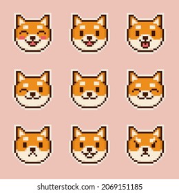 shiba inu emoticon pixel art set illustration vector