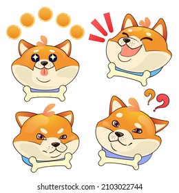 Shiba inu. Emotions of cute dog. Set of vector illustration isolated on white background.
