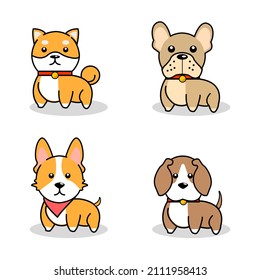 Shiba Inu, French Bulldog, Pembroke Welsh Corgi and Beagle are standing in cartoon style.