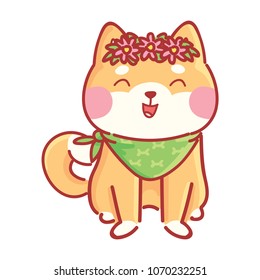 Shiba Inu: happy, adorable, admire, smiling, laugh emotions, wearing flowers. Set of dog characters in vector hand drawn style, cartoon illustrations. As logo, mascot, sticker, emoji, emoticon