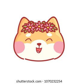 Shiba Inu: happy, adorable, admire, smiling, laugh emotions, wearing flowers. Set of dog characters in vector hand drawn style, cartoon illustrations. As logo, mascot, sticker, emoji, emoticon