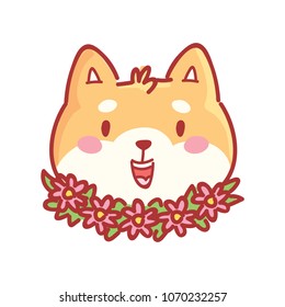 Shiba Inu: happy, adorable, admire, smiling, laugh emotions, wearing flowers. Set of dog characters in vector hand drawn style, cartoon illustrations. As logo, mascot, sticker, emoji, emoticon