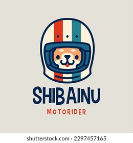 Shiba Inu Helmet Retro Dog Moto Rider Cartoon Mascot Character Logo Vector Icon Illustration
