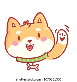 Shiba Inu: Hi, Hey, Hello, welcome emotions, waving hand. Set of dog characters in vector hand drawn style, cartoon illustrations. As logo, mascot, sticker, emoji, emoticon