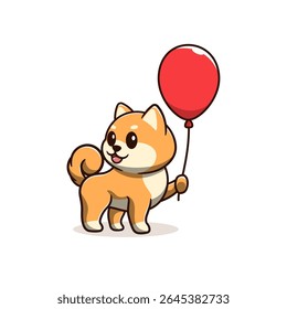 shiba inu segurando aniversário balão cartoon