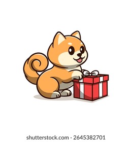 shiba inu holding a birthday gift box