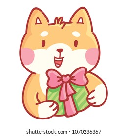 Shiba Inu: holding, giving gift, present box with bow. Greeting, congratulation emotions. Set of dog characters in vector hand drawn style, cartoon illustrations. As logo, mascot, sticker, emoji