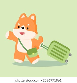 Shiba Inu holding a suitcase: A Shiba Inu dog excitedly holding a large suitcase and walking forward, symbolizing the excitement of preparing for a journey.