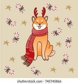 Shiba Inu horn deer winter holidays, happy new year