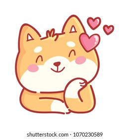 Shiba Inu: in love, kiss, romantic, relationship, happy, with heart eyes emotions. Set of dog character illustrations in vector hand drawn cartoon style. As logo, mascot, sticker, emoji, emoticon