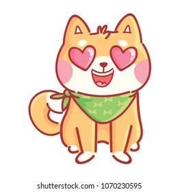 Shiba Inu: in love, kiss, romantic, relationship, happy, with heart eyes emotions. Set of dog character illustrations in vector hand drawn cartoon style. As logo, mascot, sticker, emoji, emoticon