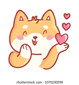 Shiba Inu: in love, kiss, romantic, relationship, happy, with heart eyes emotions. Set of dog character illustrations in vector hand drawn cartoon style. As logo, mascot, sticker, emoji, emoticon