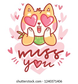 Shiba Inu romantic dog character madly in love with heart eyes and lettering text: Miss you. Cute hand drawn illustration in cartoon style for greeting card, invitation