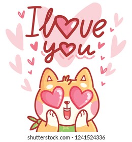 Shiba Inu romantic dog character madly in love with hearts eyes and lettering text: I love you. Cute hand drawn illustration in cartoon style for greeting card, invitation