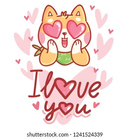 Shiba Inu romantic dog character madly in love with hearts eyes and lettering text: I love you. Cute hand drawn illustration in cartoon style for greeting card, invitation