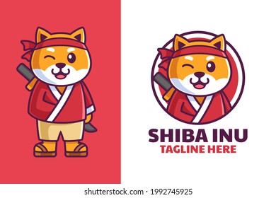 Shiba Inu in Samurai Clothes Cartoon Logo Design