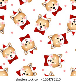 Shiba Inu Santa Claus Dog with Red Ribbon. on Pink Polka dot White Background. Vector Illustration.