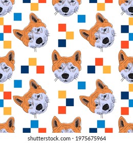 Shiba inu seamless pattern with colored pexels. Hand drawn head dog seamless pattern on white background. Vector