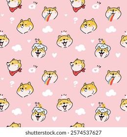 Shiba Inu seamless pattern. Cute little dog faces. Funny pet emotions. Different mood expression. Animal muzzles. Akita ken puppy. Japanese breed. Repeated print. Garish