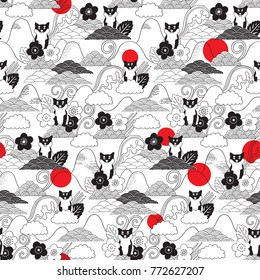 El estilo de Shiba Inu es impecable en Japón. Imagen con graciosos perros dibujados a mano. Animales ilustraciones vectoriales con mascotas adorables. Fondo facturable para su tejido, diseño textil, papel envuelto