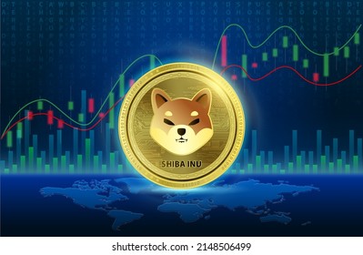 SHIBA INU (SHIB) 3D-Vektorgrafik. Kryptowährungsblockkette. Zukünftige digitale Ersatztechnologie Alternative Währung, Silver golden Stock Chart. Die Liste der verschiedenen Münzzeichen ist Hintergrund.