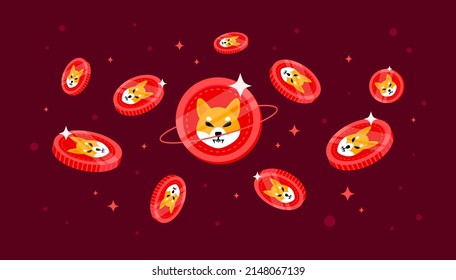 Shiba Inu (SHIB) coins falling from the sky. SHIB cryptocurrency concept banner background.