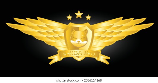 Shiba Inu (SHIB) crypto currency badge with golden wing, ribbon and shield. vector eps 10