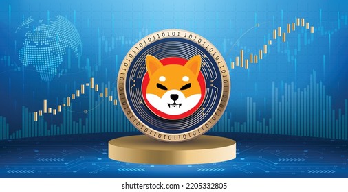 Shiba Inu SHIB crypto currency coin logo and symbol over financial infographic background. Futuristic technology vector illustration banner and wallpaper 