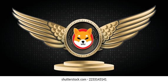 Banner de ilustración de vector de monedas y el logotipo de la moneda criptográfica de Shiba Inu (SHIB). Fondo de tecnología criptodivisa basada en Blockchain. 