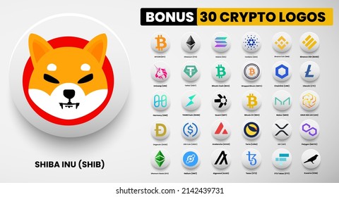 Shiba Inu SHIB crypto logo symbols of cryptocurrency. Set of Bitcoin, Ethereum, Solana, Binance Coin, Binance USD, litecoin,avalanche, chainlink, maker, dogecoin, USD Coin, Polygon, Terra and Helium