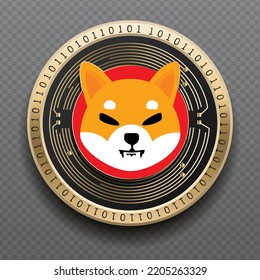 Shiba Inu (SHIB) cryptocurrency golden coin isolated in transparent background. Virtual currency token symbol vector illustration based on cryptography and block chain technology.
