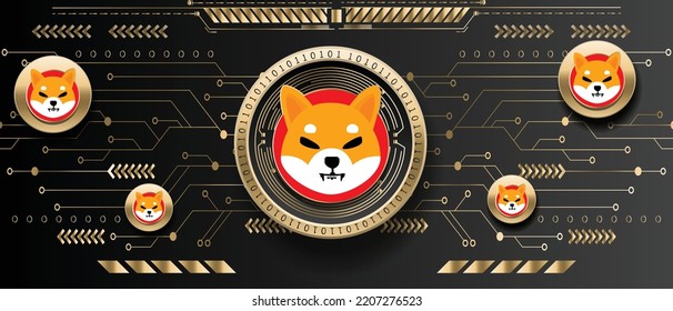 Shiba Inu SHIB kryptowährungs-goldene Münze auf futuristischem Hintergrund, Vektorgrafik-Banner und Bildschirmhintergrund 