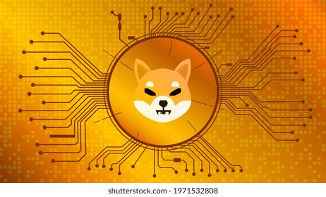 Shiba Inu SHIB cryptocurrency token symbol of the DeFi project in circle with PCB tracks on gold background. Currency icon. Decentralized finance programs. Vector EPS10.