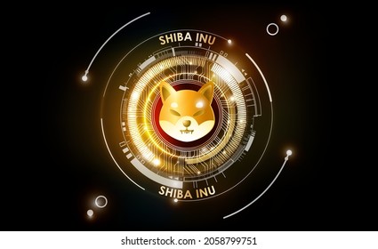 Shiba Inu SHIB-Kryptowährungs-Token, futuristischer Hintergrund für digitales Geld, Shiba Inu-Münze des DeFi-Projekts im Kreis mit PCB-Tracks-Technologie, Vektorgrafik