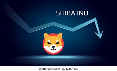 Shiba Inu SHIB in downtrend and price falls down. Crypto coin symbol and down arrow. Uniswap crushed and fell down. Cryptocurrency trading crisis and crash. Vector illustration.