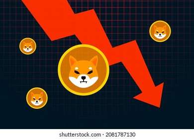 Shiba Inu SHIB price falls to all time low. Shiba Inu crash graph design. Red arrow shows the price of Shiba inu is going down. Vector illustration template