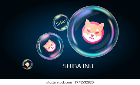 Shiba Inu SHIB token symbol in soap bubble, coin DeFi project decentralized finance. The financial pyramid will burst soon and destroyed. Vector EPS10.