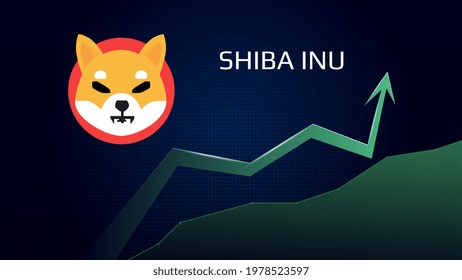 Shiba Inu SHIB in uptrend and price is rising. Crypto coin symbol and green up arrow. Uniswap flies to the moon. Vector illustration.