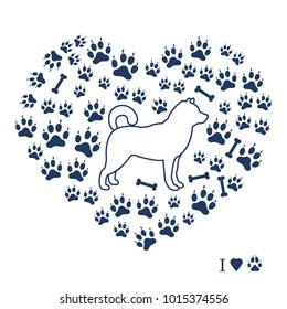 Shiba Inu silhouette on a background of dog tracks and bones in the form of heart. Design element for postcard, banner, poster or print.