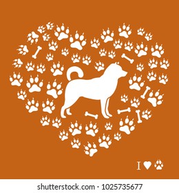 Shiba Inu silhouette on a background of dog tracks and bones in the form of heart. Design element for postcard, banner, poster or print.