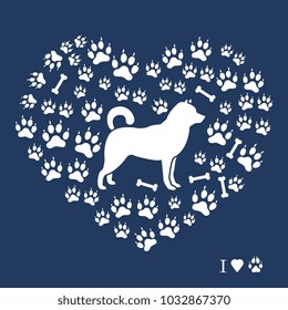 Shiba Inu silhouette on a background of dog tracks and bones in the form of heart. Design element for postcard, banner, poster or print.