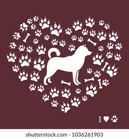 Shiba Inu silhouette on a background of dog tracks and bones in the form of heart. Design element for postcard, banner, poster or print.