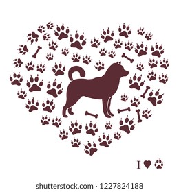 Shiba Inu silhouette on a background of dog tracks and bones in the form of heart. Design element for postcard, banner, poster or print.