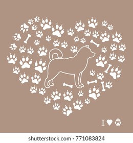 Shiba Inu silhouette on a background of dog tracks and bones in the form of heart. Design element for postcard, banner, poster or print.