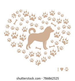 Shiba Inu silhouette on a background of dog tracks and bones in the form of heart. Design element for postcard, banner, poster or print.