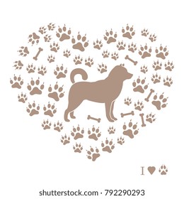 Shiba Inu silhouette on a background of dog tracks and bones in the form of heart. Design element for postcard, banner, poster or print.