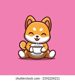 Shiba Inu Sitting Drink Coffee Cute Creative Kawaii Cartoon Mascot Logo